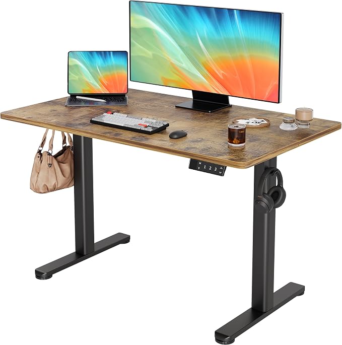 YDN 48 x 24 Inch Rustic Brown Electric Standing Desk | Adjustable Height, Sit Stand, Cable Management, Ergonomic, Home Office