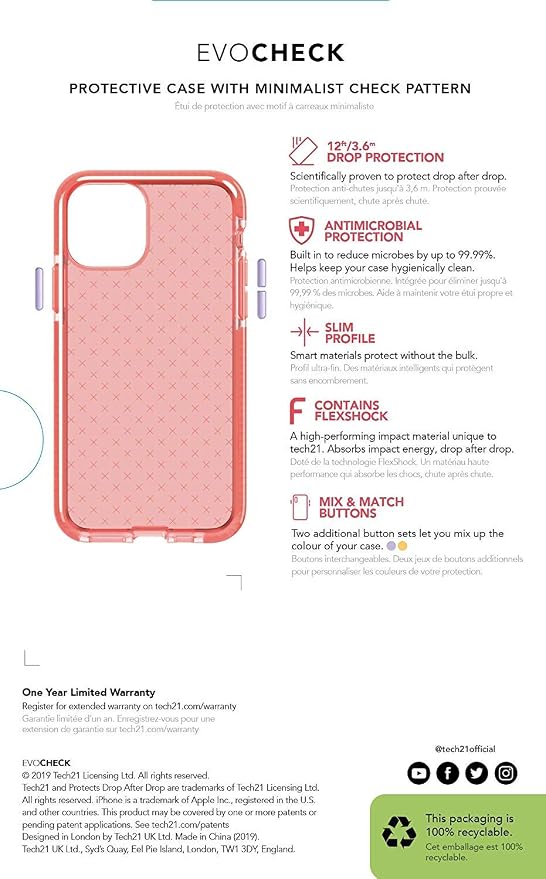tech21 Evo Check Phone Case for Apple iPhone 11 Pro with 12 ft. Drop Protection Coral