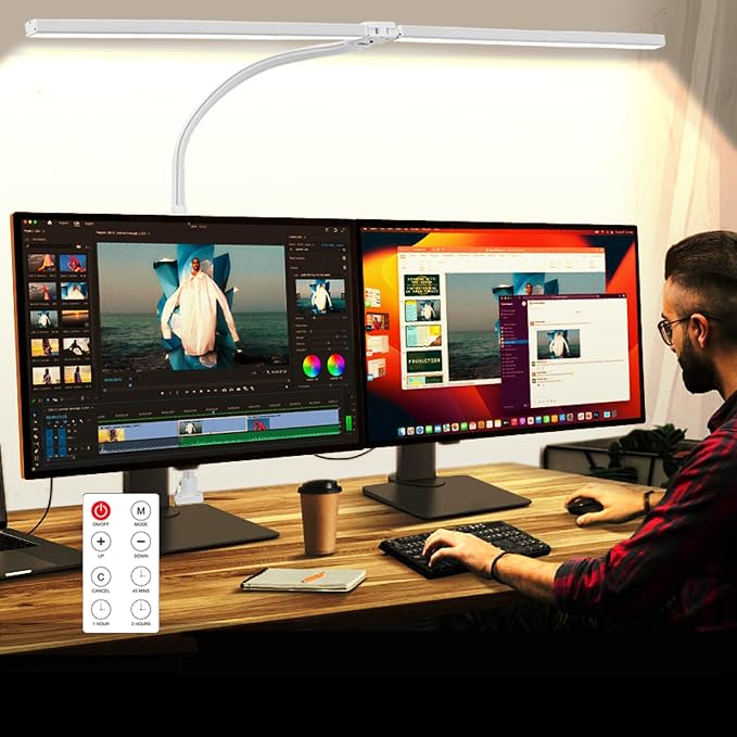 LED Desk Lamp with Clamp, Dual Head Monitor Light, Remote | 24W Dimmable Eye-Caring Task Lamp with Timer, Anti-Glare Cover and Gooseneck for Home Office Dorm, Workbench and Study