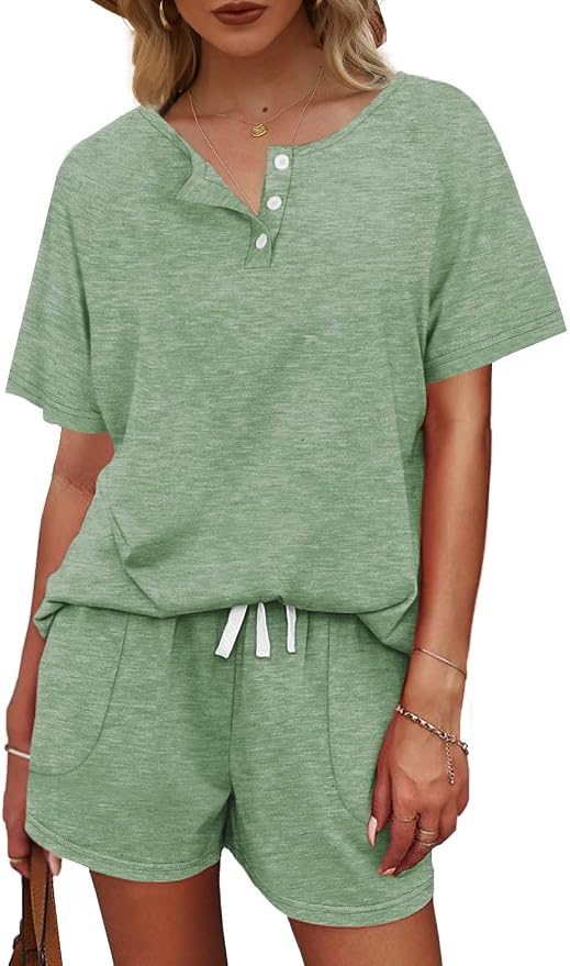WIHOLL Two Piece Outfits for Women Lounge Sets Button Down Top and Shorts Set Sweatsuits with Pockets