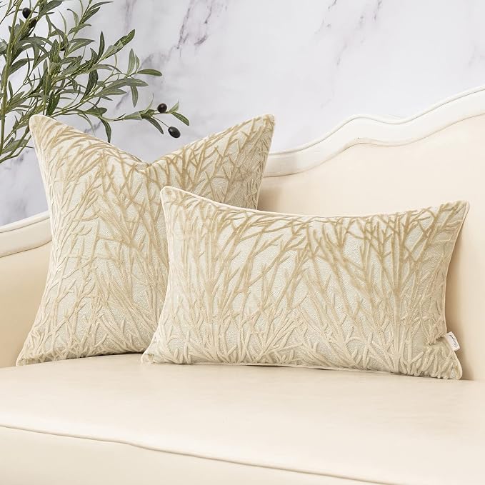 Beige Twigs Greenish Throw Pillow Cover Branches Velvet Cushion Case Neutral Pillowcase for Sofa Couch Bedroom Living Room Home Decor,20x20 Inch