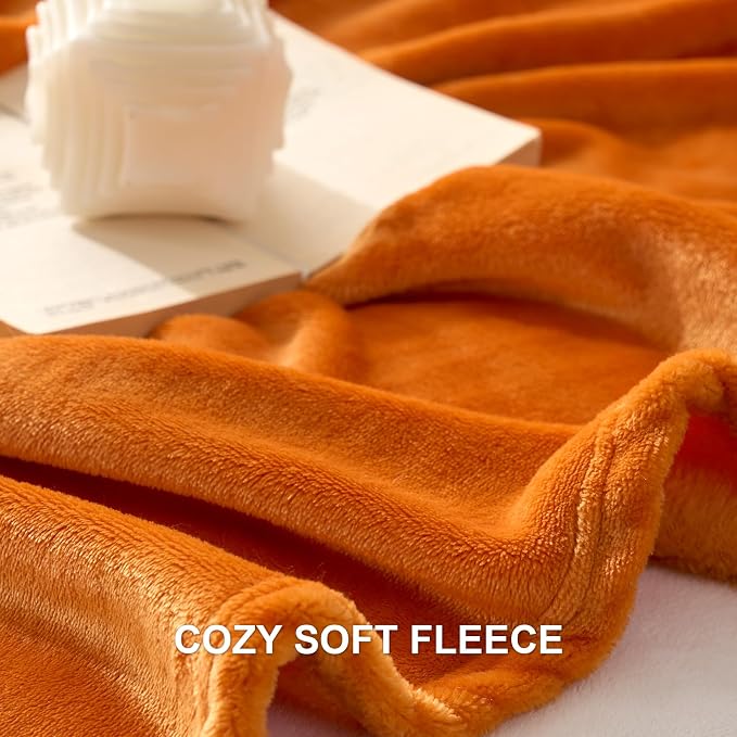 Hansleep Throw XL Orange Fleece Blanket, Soft Flannel Bed Blanket | Fuzzy Cozy Blanket 50x70 Inches, Multi-use for Bed, Sofa, Couch, Travel, Camping, All Season Warm Lightweight Cover