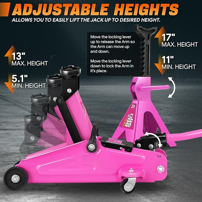PM PERFORMOTOR Low Profile Hydraulic Trolley Service/Floor Jack Combo with 2 Ratchet Jack Stands, 2 Ton (4000 lbs) Capacity, Purple, PM-TOL-FJ3P-PR