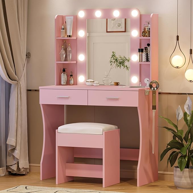 Vabches Vanity Desk with Lights,Makeup Vanity with Power Strip,Dressing Table Set with 2 Large Drawers,Vanity Mirror 3 Lighting Color Adjustable,Pink