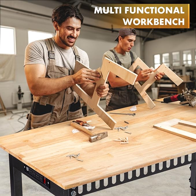 48" Height Adjustable Workbench, 2000 LBS Load Capacity Rubber Wood Top Workstation, Heavy-Duty Hardwood Worktable for Garage Workshop (with Wheels and Socket,48'')