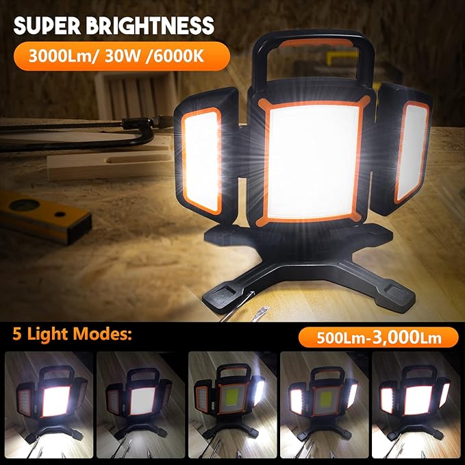 30W Rechargeable Work Light, 3000 Lumen Magnetic Work Light Battery Powered, Waterproof Portable Cordless Job Site Lighting for Construction Site, Workshop, Garage, Camping, and Car Repairing