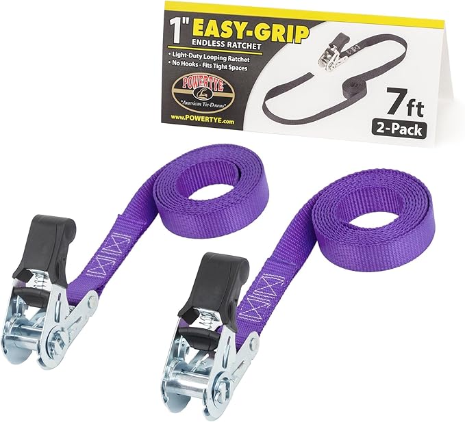 PowerTye Mfg Endless Ratchets - 1in x 7ft Easy Grip (no Hooks) - 400 lb. Working Load Limit / 1,200 lb. Break Strength - Purple 2-Pack