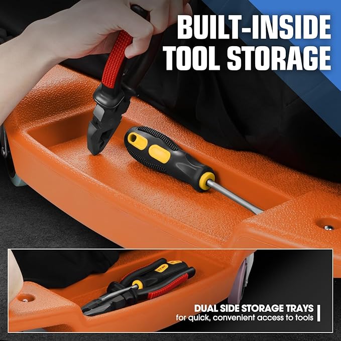 PM PERFORMOTOR Inches Heavy-Duty Low-Profile Roller Automotive Creeper with Padded Headrest, Orange, PM-TOL-CPC48-OG