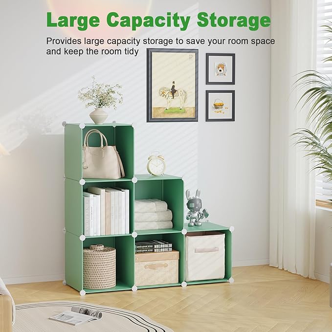 C&AHOME 6-Cube Storage Organizer, Stackable Storage Cubes Shelves, Portable Bookshelf, Plastic Clothing Storage Closet Organizer, DIY Modular Shelving Units for Wardrobe, Home, Green