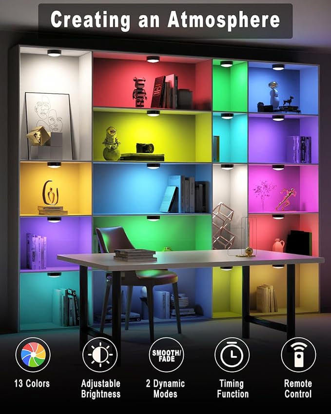 HELPLEX LED Puck Lights with Remote, 3 Pack Color Changing RGBW Stick-On Light, Battery Powered, Dimmable Under Cabinet Lighting with Timer & Memory, Wireless Push Lights for Kitchen & Closet, Black
