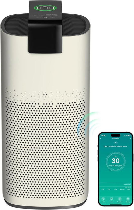 Air Purifiers for Home Large Room Up to 3600 Ft² with PM 2.5 Air Laser Sensor, HEPA 4-in-1 Filter for Airborne Particles, Sleep Mode for Allergies, Pet Hair in Bedroom, MR7566-WF, Ivory, 1Pack+3Modes