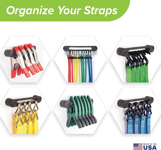 AV1 Hook Rail Strap Organizer (12-Pack) – Low Profile Tie Down, Ratchet & Bungee Cord Storage for Garage, Workshop, Home or Enclosed Trailer – Made in USA – Backed by Our Guarantee!
