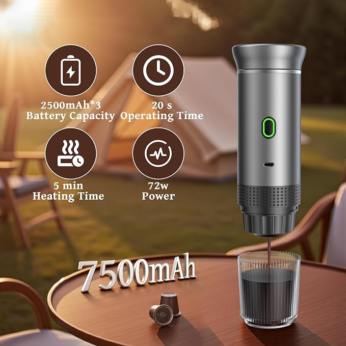 Portable Coffee Maker Espresso Machine, Travel Espresso Maker, Cafetera Portatil Expreso with Small Tea Cup, Compatible with Ground Coffee & NS Capsule for RV,Car, Hiking, Camping Office