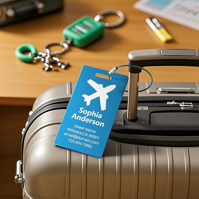 4 Personalized Metal Luggage Tags for Suitcase, Laser Engraved with Text and Logo, Custom Aluminum Name Tags with Stainless Steel Ring, for Travel, Golf Bag, and Baggage (Golden)