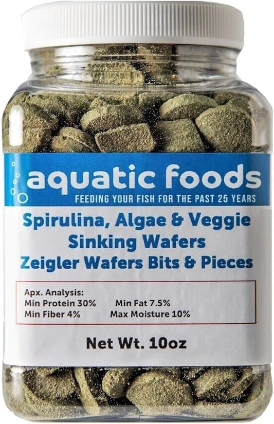 Aquatic Foods Inc. BITS & Pieces of Spirulina, Algae & Veggie Sinking Wafers for Bottom Fish, Shrimp, Snails, Crabs, Crayfish, All Tropical Fish…10oz Small Jar