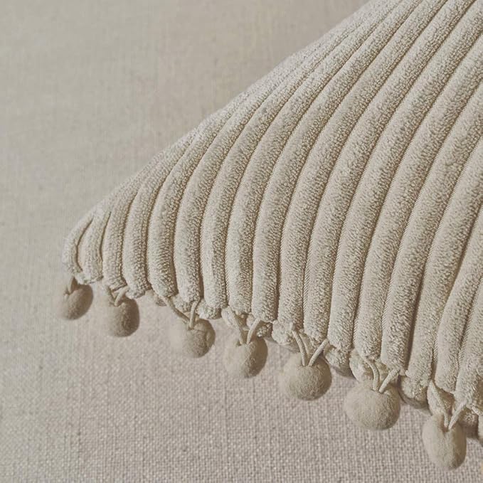 Fancy Homi 22x22 Pillow Covers, Pack of 2 Tan Throw Pillow Covers with Pom-poms, Super Soft Corduroy Square Solid Cushion Cover for Couch Sofa Bedroom Living Room 55x55 cm