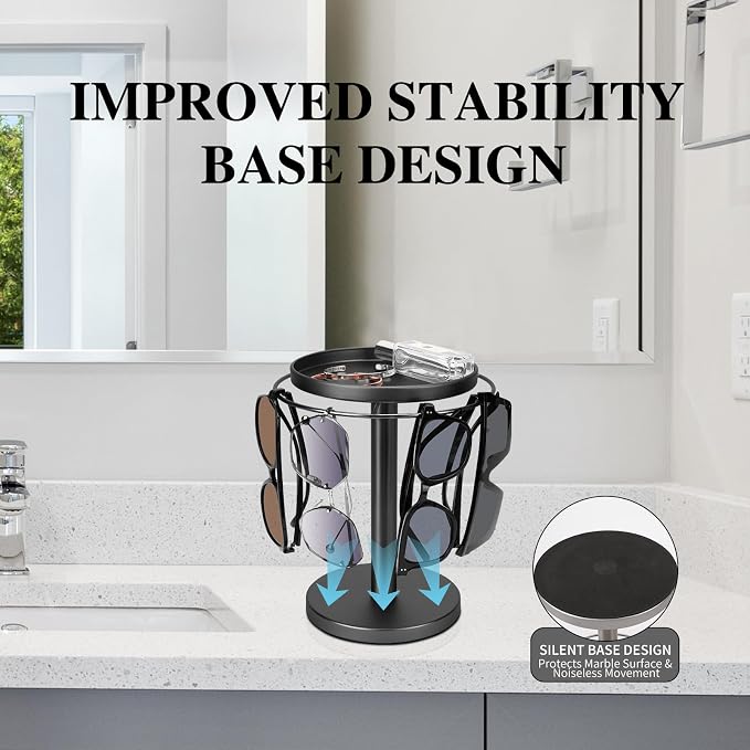kondyfayo 360 Rotating Sunglass Organizer Glasses Holder (Titanium Black) | Stainless Steel Stand with 360 Rotation Holds 9 to 12 Pairs. Top Tray Stores Rings, and Keys for Desk, Dresser, Nightstand