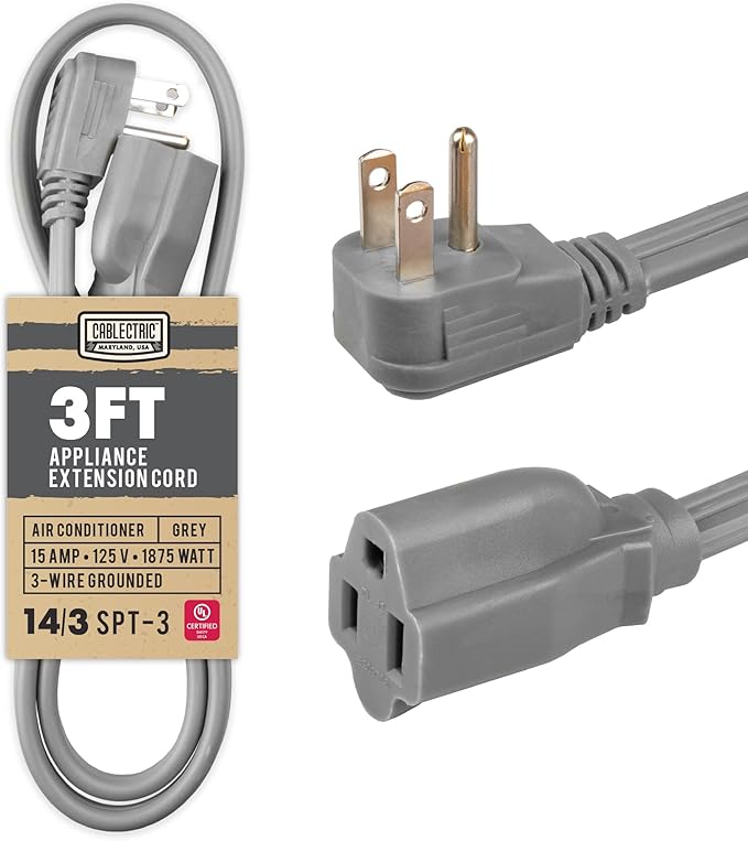 3 Foot Appliance Extension Cord, Gray - 14 Gauge 3 Prong SPT-3 Heavy Duty Cable for Major Appliances