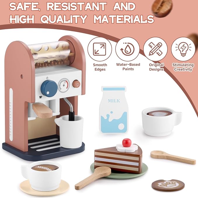 GAGAKU Wooden Coffee Maker Toy 14 pcs Play Kitchen Accessories Toy Coffee Maker for Kids Pretend Playset Toddler Coffee Maker Gifts for Boys and Girls