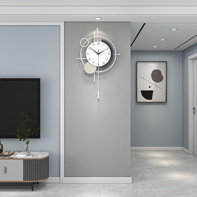 Decorative Wall Clock Silent Battery Operated Large Modern Wall Clock for Living Room Decor White Pendulum Clock for Bedroom, Office, Kitchen, Dining Room, Farmhouse, Indoor