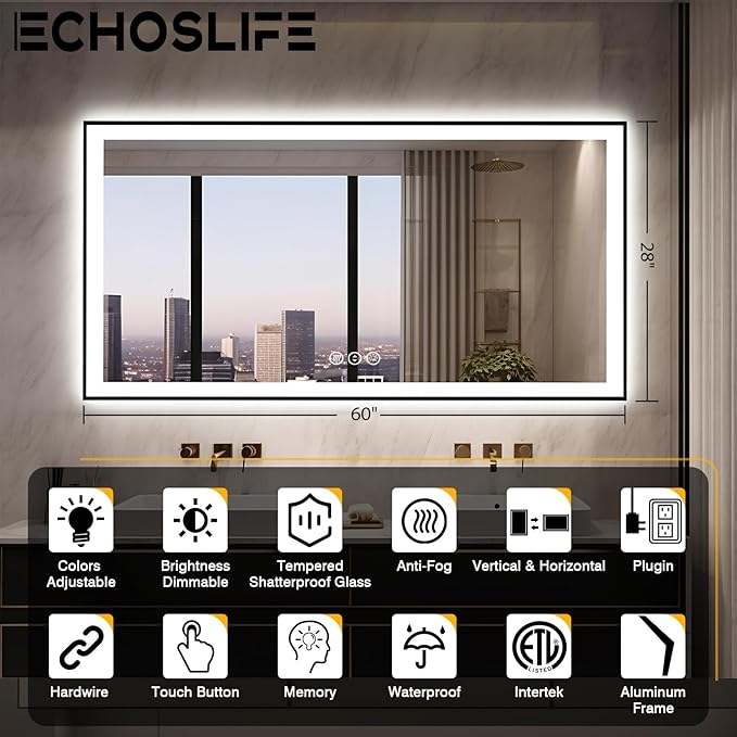 60x28 LED Bathroom Mirror for Wall - Black Aluminum Framed (Front and Backlit), Anti-Fog Vanity Mirror with Lighting, Stepless Dimmable, 3 Colors Smart Design (Horizontal/Vertical)