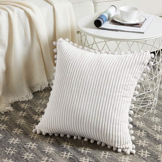 Fancy Homi 22x22 Pillow Covers, Pack of 2 Cream White Throw Pillow Covers with Pom-poms, Super Soft Corduroy Square Solid Cushion Cover for Couch Sofa Bedroom Living Room 55x55 cm
