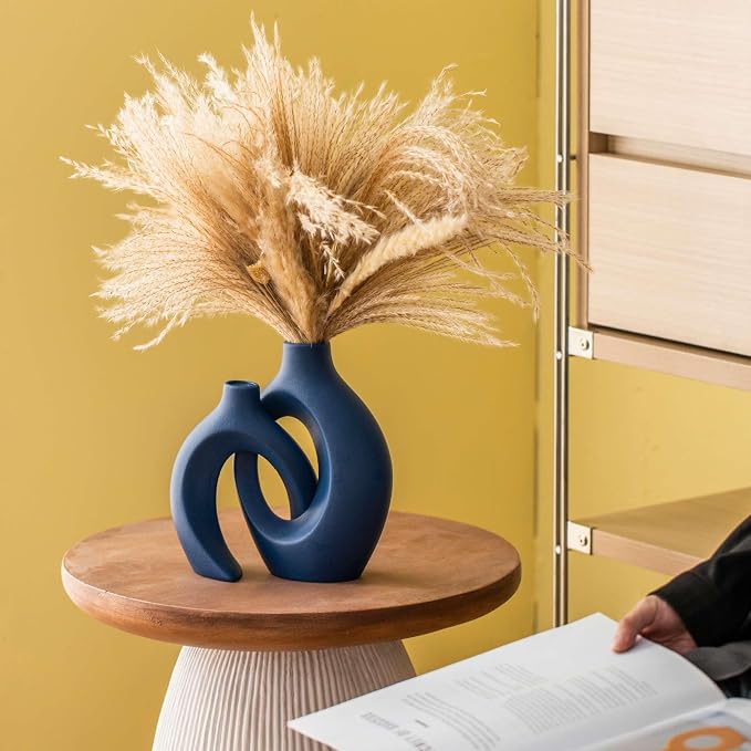Lvases Snuggle Hollow Ceramic Flower Vase, Minimalist Decorative Vases of 2 | 8.4" Nordic Boho Home Decor Vase for Modern Aesthetic Ins Style Living Room Coffee Table Centerpieces Pampas Grass Decoration