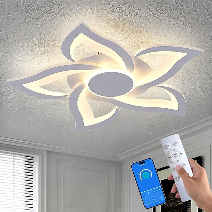 HuixuTe 24" Modern Geometric Ceiling Light Fixture, White Dimmable 3 Colors LED Close to Ceiling Light Fixtures with Remote, Low Profile Flush Mount Ceiling Light for Kitchen, Living Room