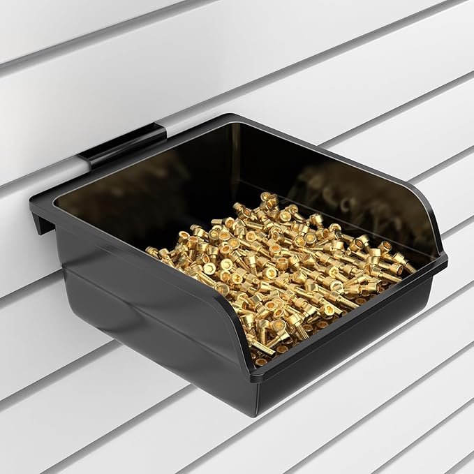 12 Pack Slatwall Bins with Hooks Plastic Slatwall Organizer Slatwall Containers Workbench Bins for Slat Wall Organizing Hardware, Garage, Craft Room, Tool Shed, Hobby Supplies (12, Black)