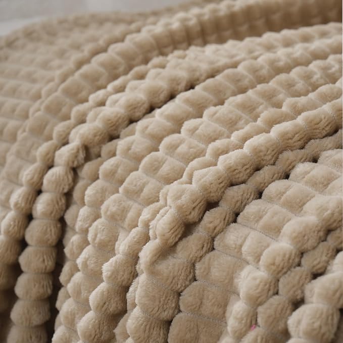 Puncuntex Fleece Throw Blanket Khaki 60"×80" with Square Grid Design | Super Soft Plush Cozy Flannel Throw Blanket Luxury for Couch Sofa Chair