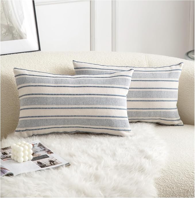 Cethom Decorative Boho Lumbar Throw Pillow Covers, Farmhouse Textured Pillow Case, 12 x 20 Inch Set of 2, Chair Sofa Bedroom Living Room Home Decor Couch Cushion Case, Classic Blue and Beige
