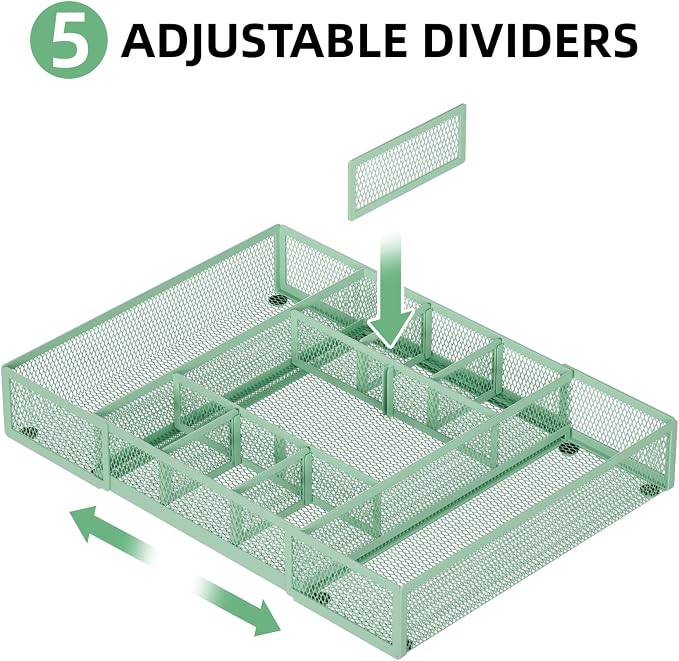 Marbrasse Expandable Desk Drawer Organizer, Mesh Drawer Organizer Tray with 10 Adjustable Compartments, Desk Organizers and Accessories for Office Supplies, Makeup & Vanity (Expandable-Green)