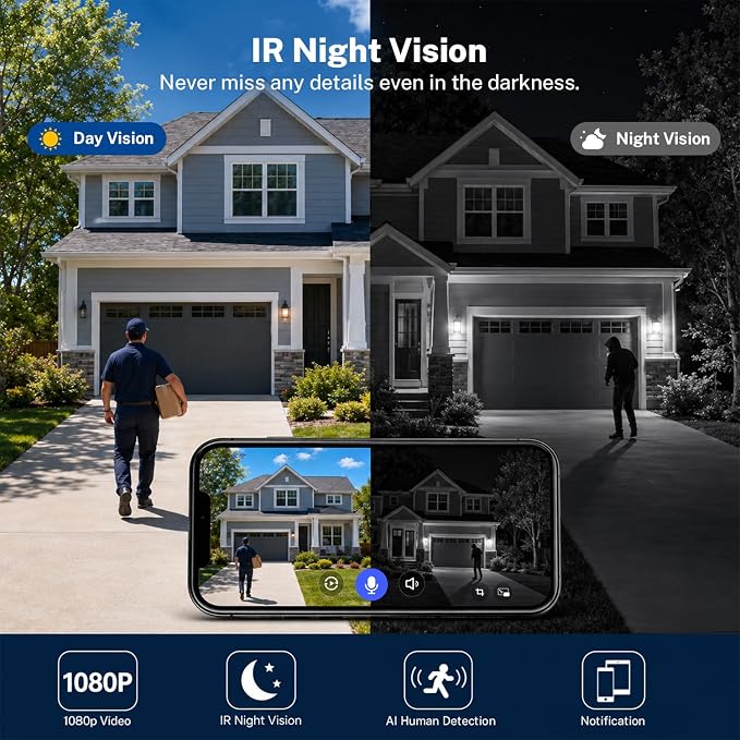 Doorbell Camera Wireless, 1080P Video Doorbell Camera Battery Powered, Security Camera with AI Human Detection, 2-Way Audio, Night Vision, Cloud Storage, 2.4G WiFi, Front Door Camera for Home Security