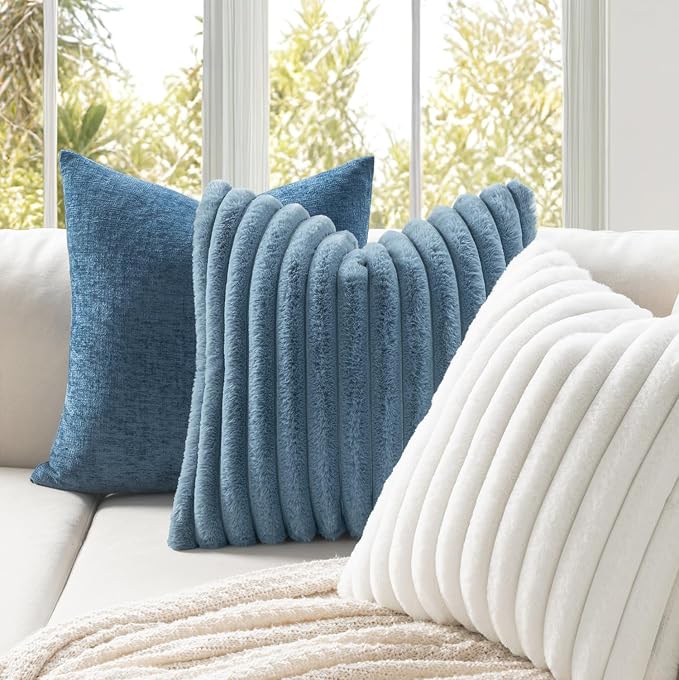 MIULEE Faux Fur Lumbar Throw Pillow Covers 12x20 Set of 2 Grey Blue | Coastal Modern Soft Plush Couch Pillows, Cozy Fluffy Cushion Covers for Sofa Bed Living Room Home Decor