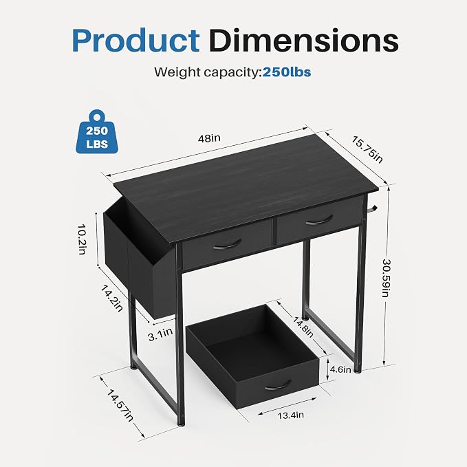 OLIXIS 32 Inch Small Desk, Gaming Computer Desk, Side Bag | Fabric Drawers, Headphone Hook, Home Office, Work Table, Writing Study, Bedroom, Black