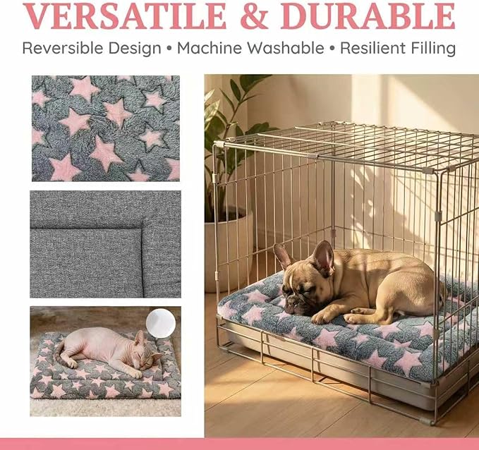 Dog Bed Mat - Reversible Dog Crate Bed Mats, Soft & Breathable Kennel Pad, Durable Crate Bed for Small Dogs & Cats (Pink&Gray Stars, XS(18"*14"*1.5"))