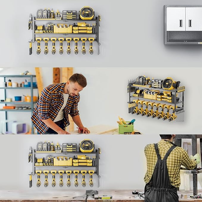 Power Tool Organizer - 3 Layer 8 Drill Holder Wall Mount, Storage Rack for Garage Organization, Large Tool Shelf, Gifts for Him Men Dad Husband Anniversary Fathers Day, Cool Gadget Stocking Stuffer