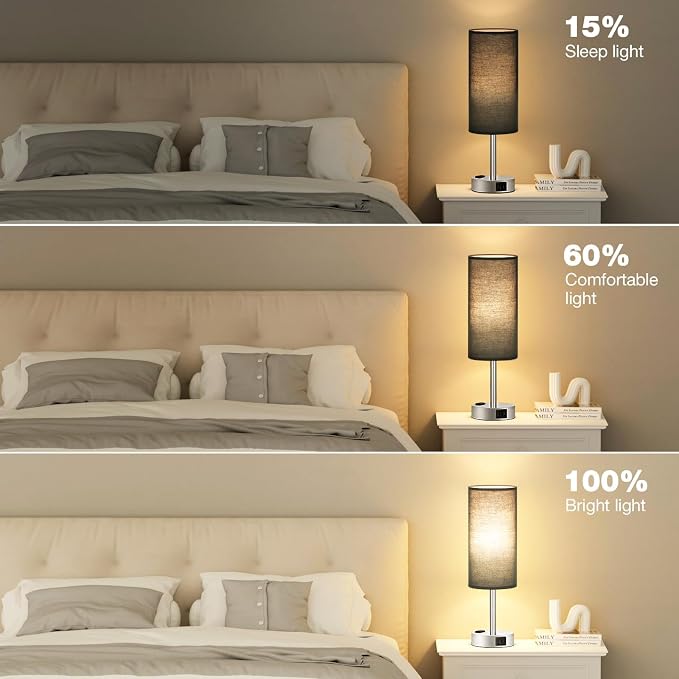 Black Bedroom Table Lamp for Bedside - 3 Way Dimmable Touch Lamp USB C A Charging Ports and AC Outlet, Small Desk Lamp for Nightstand for Living Room with Silver Base, Office Desk, LED Bulb Included