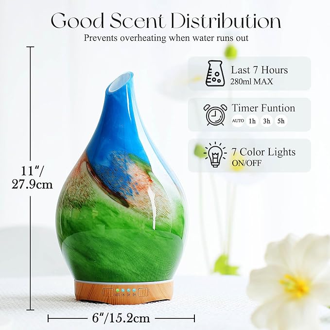 Porseme 280ml Essential Oil Diffuser Glass Color Changing Aroma Air Diffusers Aromatherapy Ultrasonic Cool Mist Humidifier 7 Running Hours Waterless Auto-Off for Sleeping, Yoga, Office (Blue Grass)