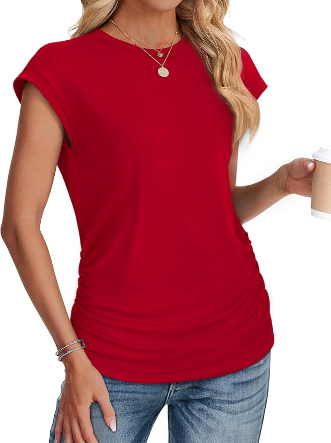 Sampeel Womens Summer Tops Trendy 2026 Ruched Cap Short Sleeve Tshirts Shirts Crew Neck T Shirts Fashion