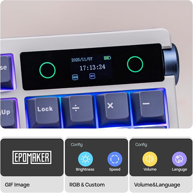 EPOMAKER TH108 PRO Full Size Mechanical Keyboard with Screen & Knob, Wireless Gaming Keyboard with 10000mAh, Creamy Gasket, Hot Swap, Custom Driver, RGB Backlight (White, Creamy Jade)