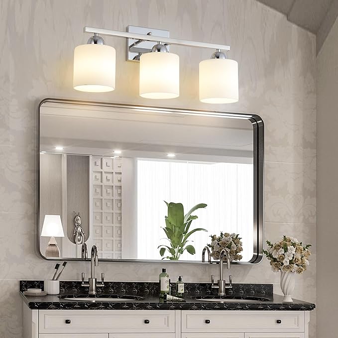 Stainless Steel Milk Glass Vanity Lights for Bathroom, 3 Light Chrome Bathroom Light Fixtures Over Mirror, Ceramic E26 Sockets Wall Mounted