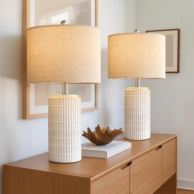 PoKat 24" Modern Ceramic Table Lamps Set of 2 for Bedroom, White Bedside Lamps for Night Stands, Farmhouse Desk Decor Nightstand Table Lamps for Living Room End Table Beige