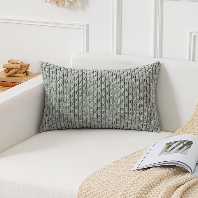 Kevin Textile Soft Corduroy 16"x24" Lumbar Pillow Cover 1 Pack, Grey Green | Boho Stripe Plush Corduroy Decorative Oblong Cushion Cover Modern Farmhouse Home Decor for Sofa Couch Bed Chair