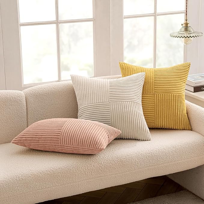 MIULEE Golden Mustard Decorative Lumbar Throw Pillow Covers 12x20 in 2 Pack | Boho Farmhouse Pillow Covers, Soft Cross Corduroy Patchwork Textured Cushion Cases For Bed Sofa