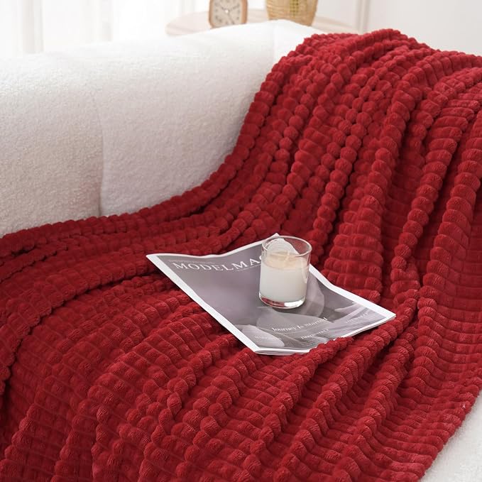 Puncuntex Fleece Throw Blanket Red 60"×80" with Square Grid Design | Super Soft Plush Cozy Flannel Throw Blanket Luxury for Couch Sofa Chair