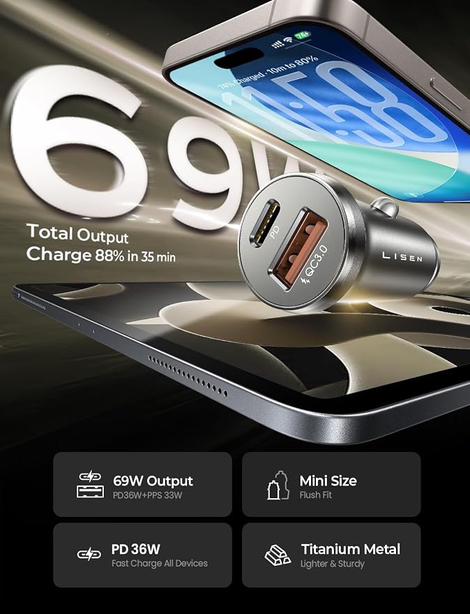 LISEN 69W Mini Cigarette Lighter Adapter Car Charger USB C Fast Charging | 12V Cigarette Lighter USB Car Charger Fast Charging Adapter, for iPhone 17 Pro Max 16 15 14 13 12 Plus Mini, Samsung S26 S25