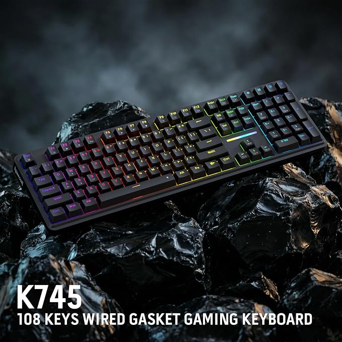 Redragon K745 Wired 108-Key Gasket RGB Gaming Keyboard, 4 Extra Hotkeys | Dedicated Shortcut Keys for Mute, Calc & Desktop, Cushioned 5-Layer Dampening for Creamy Thocky Sound, Programmable Software