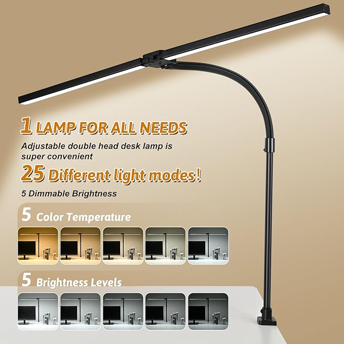 LED Desk Lamp with Clamp, 18W Dimmable Light, No Remote | 18W Dimmable Eye-Caring Clamp Light with Anti-Glare Cover and Flexible Gooseneck for Office, Dorm, Home and Study