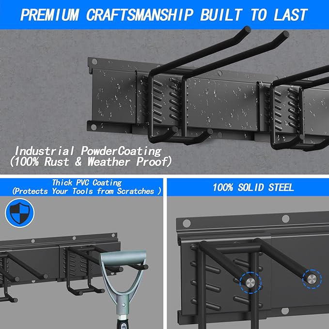 CBWLWJ 48 Inch Garage Tool Organizer Wall Mount - Heavy Duty 480 lbs Capacity Tool Rack with 6 Adjustable Bilayer Hooks, Wall Mounted Storage System for Garage, Shed, Workshop (Black)